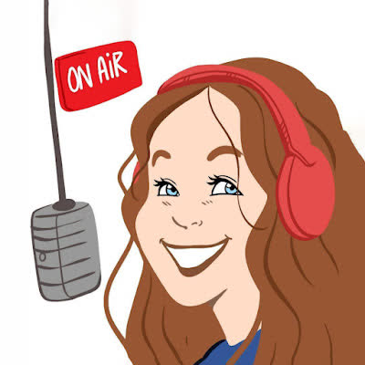 Ilustración de Sofía con audífonos rojos y un micrófono de radio con el letrero ON AIR