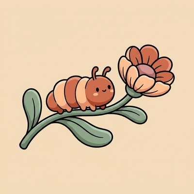 Ilustración de una cuncunita sobre una rama junto a una flor
